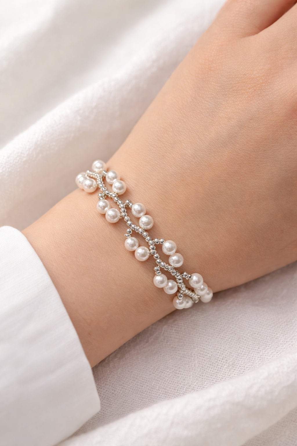 Delicate Pearl Weave Bracelet – Silver Tone