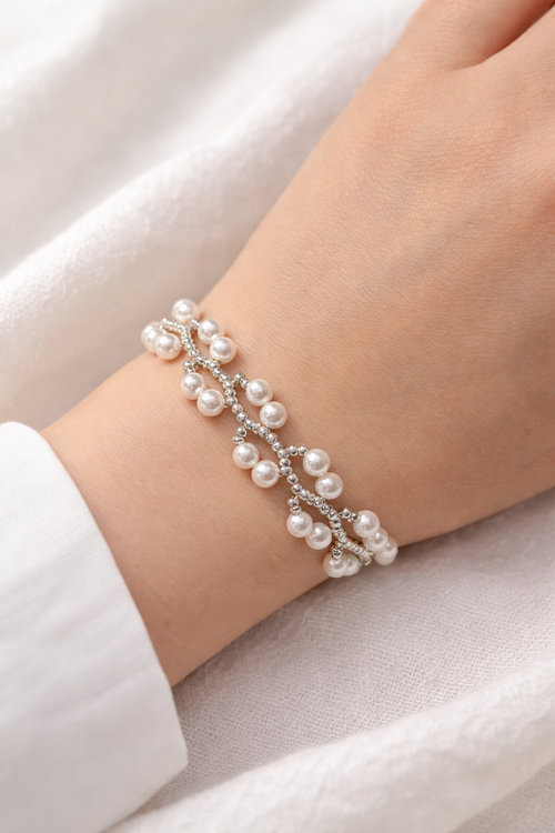 Delicate Pearl Weave Bracelet – Silver Tone