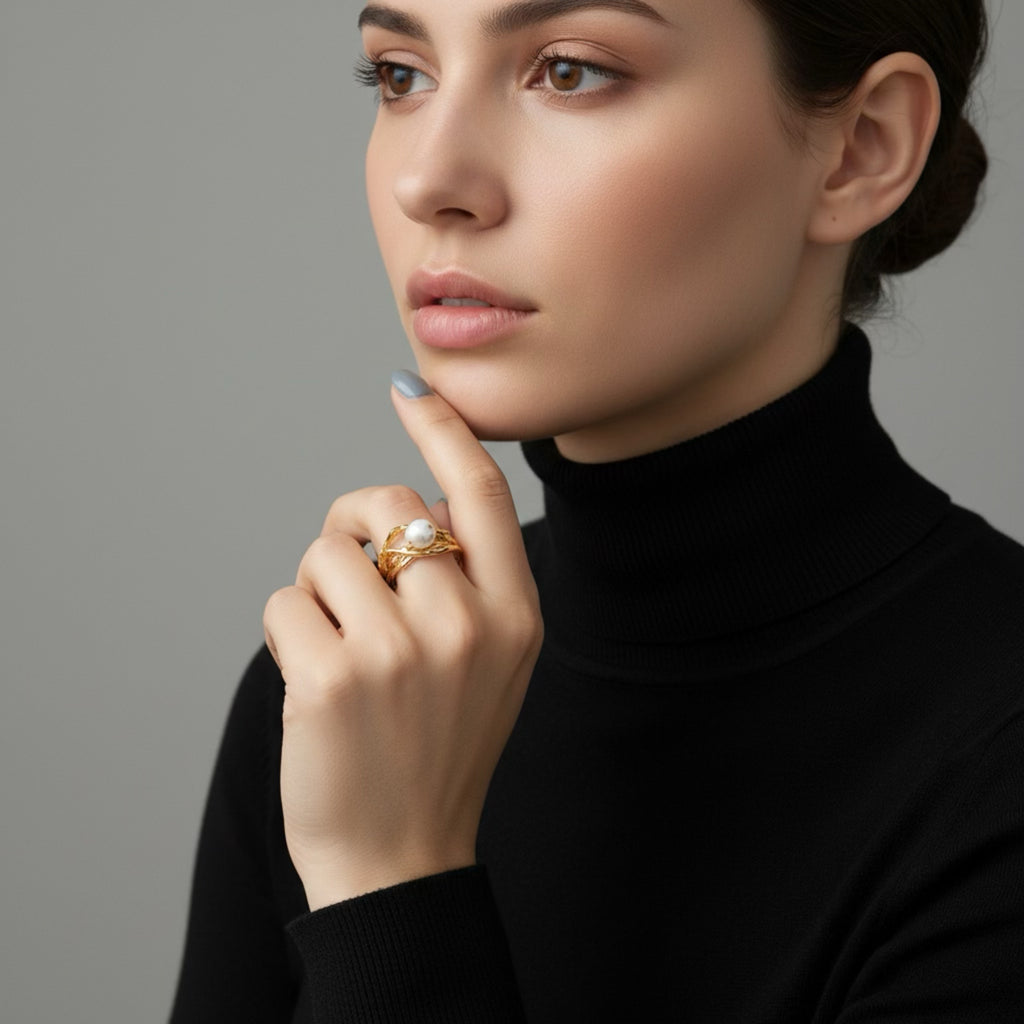 Natural Freshwater Pearl Ring – Gold-Plated Vintage Branch Design
