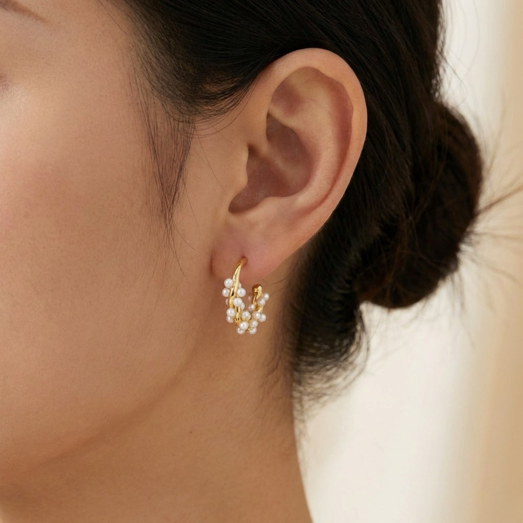 Gold Pearl Hoop Earrings with 925 Sterling Silver Needles